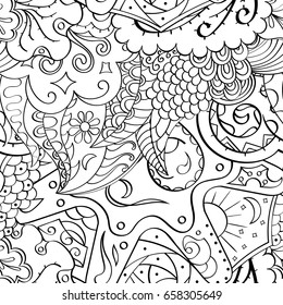 Tracery seamless pattern. Mehndi design. Ethnic monochrome binary doodle texture. Curved doodling black and white background. Vector