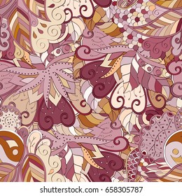Tracery seamless pattern. Mehndi design. Ethnic colorful doodle texture. Curved doodling background. Vector