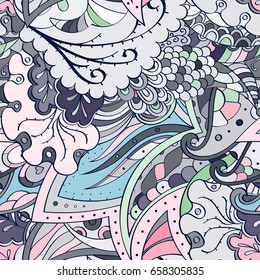 Tracery seamless pattern. Mehndi design. Ethnic colorful doodle texture. Curved doodling background. Vector