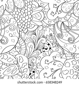 Tracery seamless pattern. Mehndi design. Ethnic monochrome binary doodle texture. Curved doodling black and white background. Vector