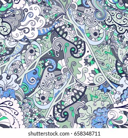 Tracery seamless pattern. Mehndi design. Ethnic colorful doodle texture. Curved doodling background. Vector