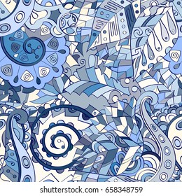 Tracery seamless pattern. Mehndi design. Ethnic colorful doodle texture. Curved doodling background. Vector