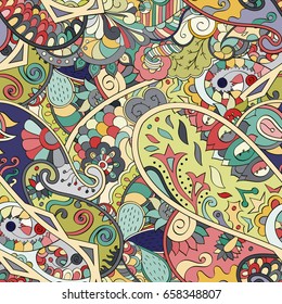 Tracery seamless pattern. Mehndi design. Ethnic colorful doodle texture. Curved doodling background. Vector