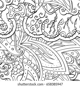 Tracery seamless pattern. Mehndi design. Ethnic monochrome binary doodle texture. Curved doodling black and white background. Vector