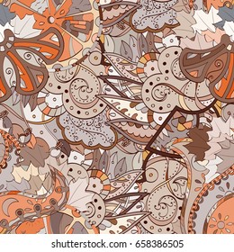 Tracery seamless pattern. Mehndi design. Ethnic colorful doodle texture. Curved doodling background. Vector
