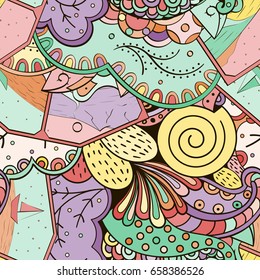 Tracery seamless pattern. Mehndi design. Ethnic colorful doodle texture. Curved doodling background. Vector
