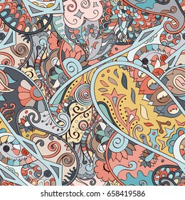 Tracery seamless pattern. Mehndi design. Ethnic colorful doodle texture. Curved doodling background. Vector