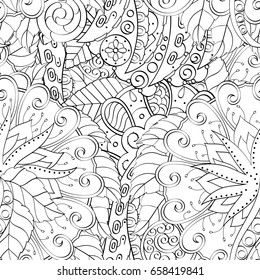 Tracery seamless pattern. Mehndi design. Ethnic monochrome binary doodle texture. Curved doodling black and white background. Vector