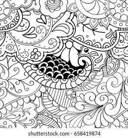 Tracery seamless pattern. Mehndi design. Ethnic monochrome binary doodle texture. Curved doodling black and white background. Vector