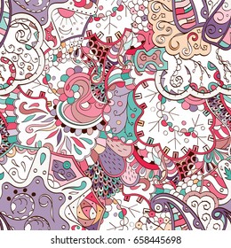 Tracery seamless pattern. Mehndi design. Ethnic colorful doodle texture. Curved doodling background. Vector