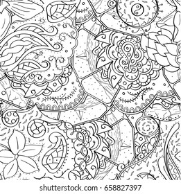 Tracery seamless pattern. Mehndi design. Ethnic monochrome binary doodle texture. Curved doodling black and white background. Vector