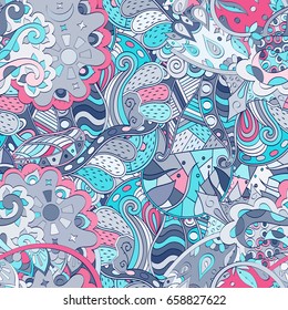 Tracery seamless pattern. Mehndi design. Ethnic colorful doodle texture. Curved doodling background. Vector