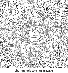 Tracery seamless pattern. Mehndi design. Ethnic monochrome binary doodle texture. Curved doodling black and white background. Vector