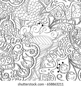 Tracery seamless pattern. Mehndi design. Ethnic monochrome binary doodle texture. Curved doodling black and white background. Vector