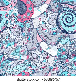 Tracery seamless pattern. Mehndi design. Ethnic colorful doodle texture. Curved doodling background. Vector