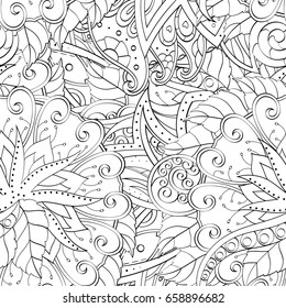 Tracery seamless pattern. Mehndi design. Ethnic monochrome binary doodle texture. Curved doodling black and white background. Vector