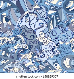 Tracery seamless pattern. Mehndi design. Ethnic colorful doodle texture. Curved doodling background. Vector