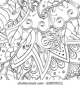 Tracery seamless pattern. Mehndi design. Ethnic monochrome binary doodle texture. Curved doodling black and white background. Vector