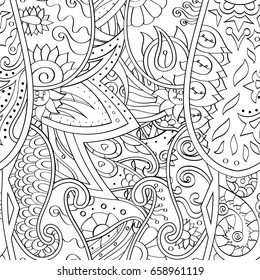 Tracery seamless pattern. Mehndi design. Ethnic monochrome binary doodle texture. Curved doodling black and white background. Vector