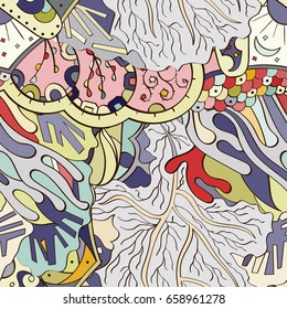 Tracery seamless pattern. Mehndi design. Ethnic colorful doodle texture. Curved doodling background. Vector