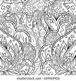Tracery seamless pattern. Mehndi design. Ethnic monochrome binary doodle texture. Curved doodling black and white background. Vector