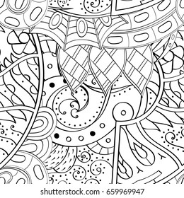 Tracery seamless pattern. Mehndi design. Ethnic monochrome binary doodle texture. Curved doodling black and white background. Vector