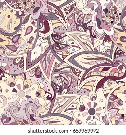Tracery seamless pattern. Mehndi design. Ethnic colorful doodle texture. Curved doodling background. Vector
