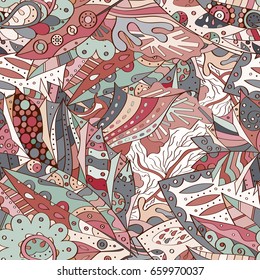 Tracery seamless pattern. Mehndi design. Ethnic colorful doodle texture. Curved doodling background. Vector
