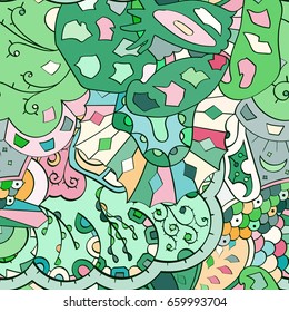 Tracery seamless pattern. Mehndi design. Ethnic colorful doodle texture. Curved doodling background. Vector