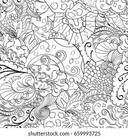 Tracery seamless pattern. Mehndi design. Ethnic monochrome binary doodle texture. Curved doodling black and white background. Vector