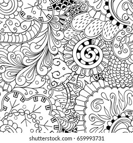 Tracery seamless pattern. Mehndi design. Ethnic monochrome binary doodle texture. Curved doodling black and white background. Vector