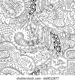 Tracery seamless pattern. Mehndi design. Ethnic monochrome binary doodle texture. Curved doodling black and white background. Vector