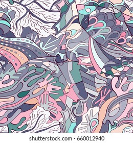 Tracery seamless pattern. Mehndi design. Ethnic colorful doodle texture. Curved doodling background. Vector