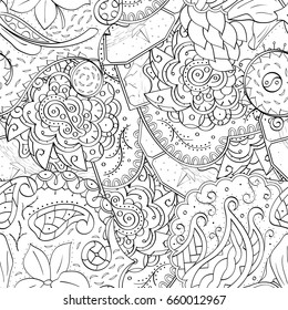 Tracery seamless pattern. Mehndi design. Ethnic monochrome binary doodle texture. Curved doodling black and white background. Vector