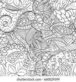 Tracery seamless pattern. Mehndi design. Ethnic monochrome binary doodle texture. Curved doodling black and white background. Vector