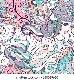 Tracery seamless pattern. Mehndi design. Ethnic colorful doodle texture. Curved doodling background. Vector