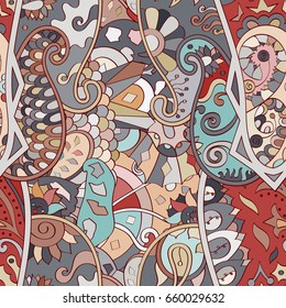 Tracery seamless pattern. Mehndi design. Ethnic colorful doodle texture. Curved doodling background. Vector