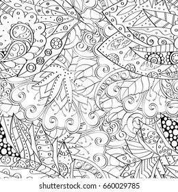 Tracery seamless pattern. Mehndi design. Ethnic monochrome binary doodle texture. Curved doodling black and white background. Vector