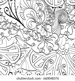 Tracery seamless pattern. Mehndi design. Ethnic monochrome binary doodle texture. Curved doodling black and white background. Vector