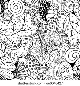 Tracery seamless pattern. Mehndi design. Ethnic monochrome binary doodle texture. Curved doodling black and white background. Vector