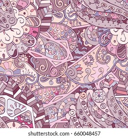 Tracery seamless pattern. Mehndi design. Ethnic colorful doodle texture. Curved doodling background. Vector