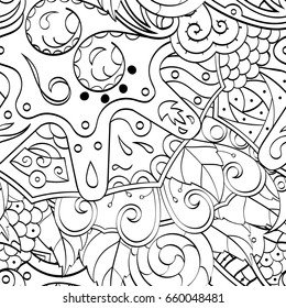 Tracery seamless pattern. Mehndi design. Ethnic monochrome binary doodle texture. Curved doodling black and white background. Vector