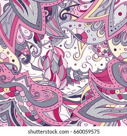 Tracery seamless pattern. Mehndi design. Ethnic colorful doodle texture. Curved doodling background. Vector