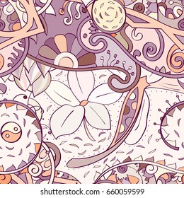 Tracery seamless pattern. Mehndi design. Ethnic colorful doodle texture. Curved doodling background. Vector