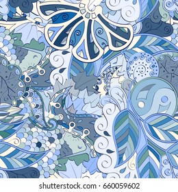 Tracery seamless pattern. Mehndi design. Ethnic colorful doodle texture. Curved doodling background. Vector