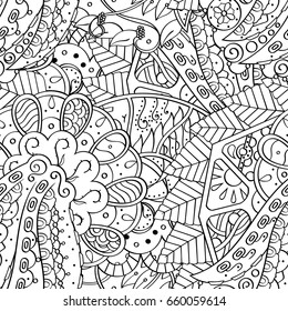 Tracery seamless pattern. Mehndi design. Ethnic monochrome binary doodle texture. Curved doodling black and white background. Vector