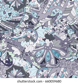 Tracery seamless pattern. Mehndi design. Ethnic colorful doodle texture. Curved doodling background. Vector