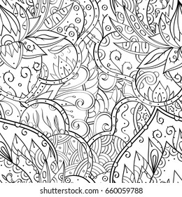 Tracery seamless pattern. Mehndi design. Ethnic monochrome binary doodle texture. Curved doodling black and white background. Vector
