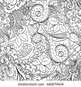 Tracery seamless pattern. Mehndi design. Ethnic monochrome binary doodle texture. Curved doodling black and white background. Vector