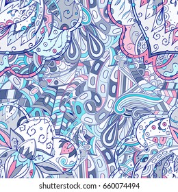 Tracery seamless pattern. Mehndi design. Ethnic colorful doodle texture. Curved doodling background. Vector